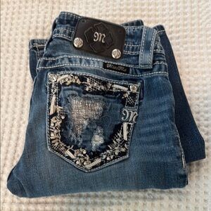 Miss Me Blue Boot Cut Jeans with Ornate Back Pocket